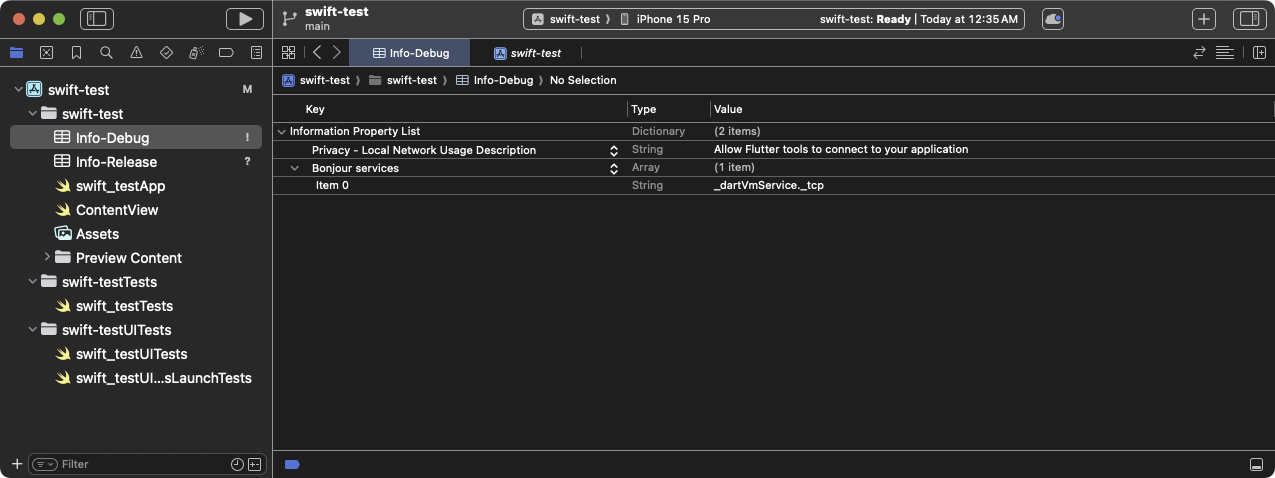 The `Info-Debug` property list with the **Bonjour Services** and **Privacy - Local Network Usage Description** keys added
